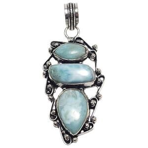 Triple Larimar Stone Silver Pendant (2") on 18" Necklace